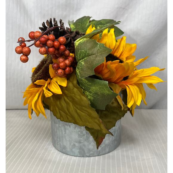Artificial Sunflower Floral Bouquet in Round Vase Metal Vase Table Decor - Picture 3 of 5